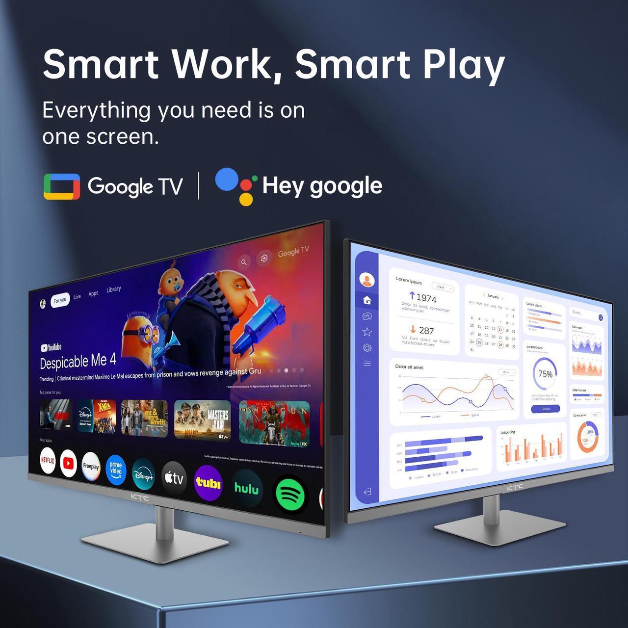 Alt view image 2 of 7 - KTC 32 Inch 4K Smart Monitor, Google TV System UHD (3840x 2160) Smart TV with Speakers, Netflix Licensed, Type-C 65W PD, WirelessDisplay, HDR, Bluetooth, Hey Google Voice Remot, VESA Support, A32Q8