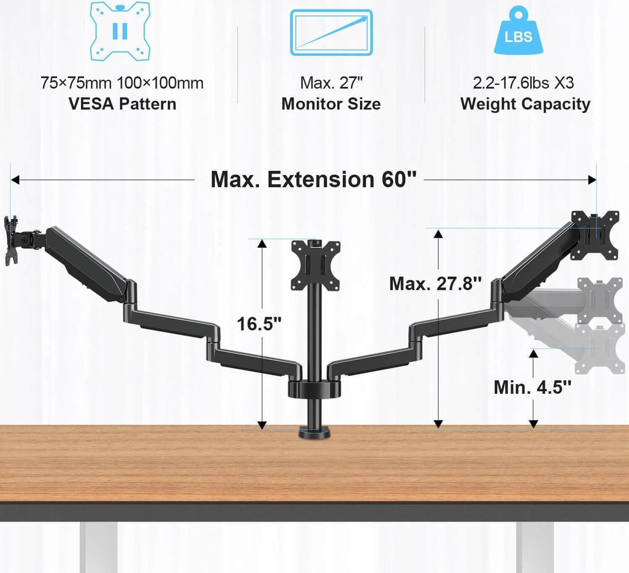 Alt view image 3 of 7 - MOUNTUP Triple Monitor Stand for 17''-27'' Monitors