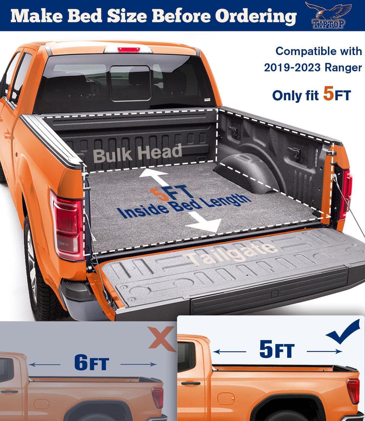 Alt view image 2 of 7 - TIPTOP Soft Roll-Up Tonneau Cover Truck Bed For 2019-2023 Ranger 5ft Bed (61") | TP1 |