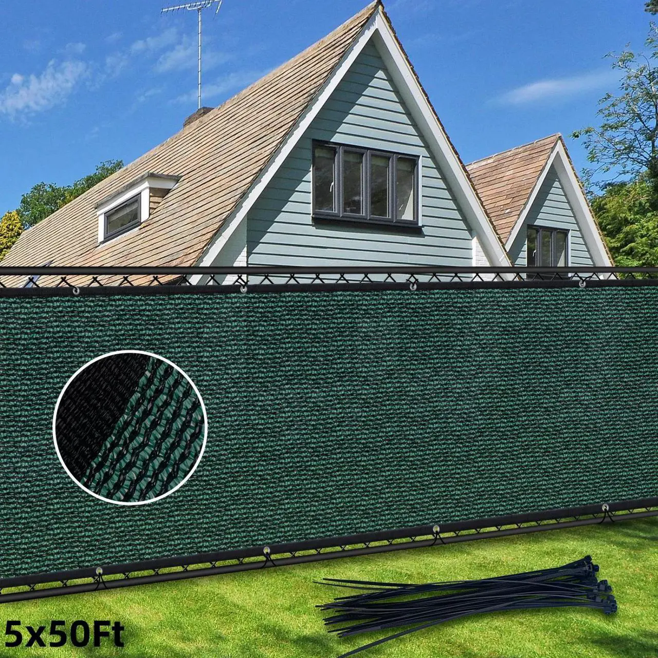 Main image of HOPDAY Fence Privacy Screen, 5'x50' Outdoor Balcony Shade Cloth with 90% Shade Rating, 170 GSM Polyethylene Fabric Green, 80PCS Zip Ties Included