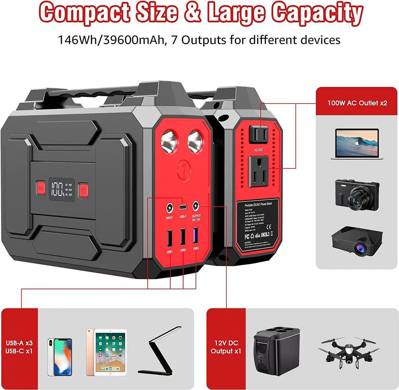 Alt view image 2 of 7 - Apowking Portable Power Bank with AC Outlet, 146Wh/39600mAh 110V/100W Laptop Charger Battery Backup, External Battery Pack Power Supply for Home Emergency Outage, Outdoor Camping RV Trip Adventure