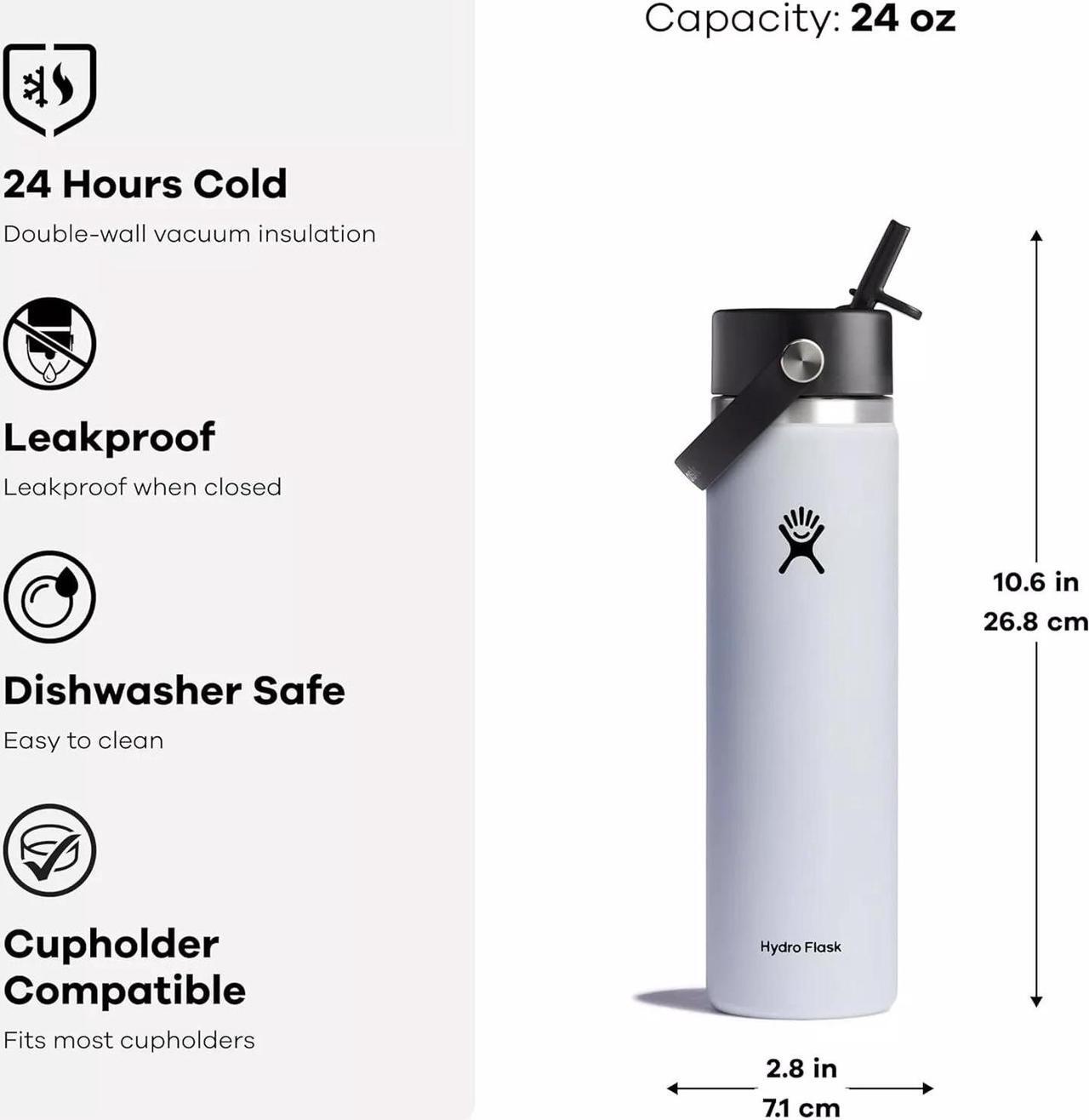Alt view image 5 of 5 - Hydro Flask Vacuum Insulated Wide Mouth Water Bottle w/Straw Lid, 24 oz - Black