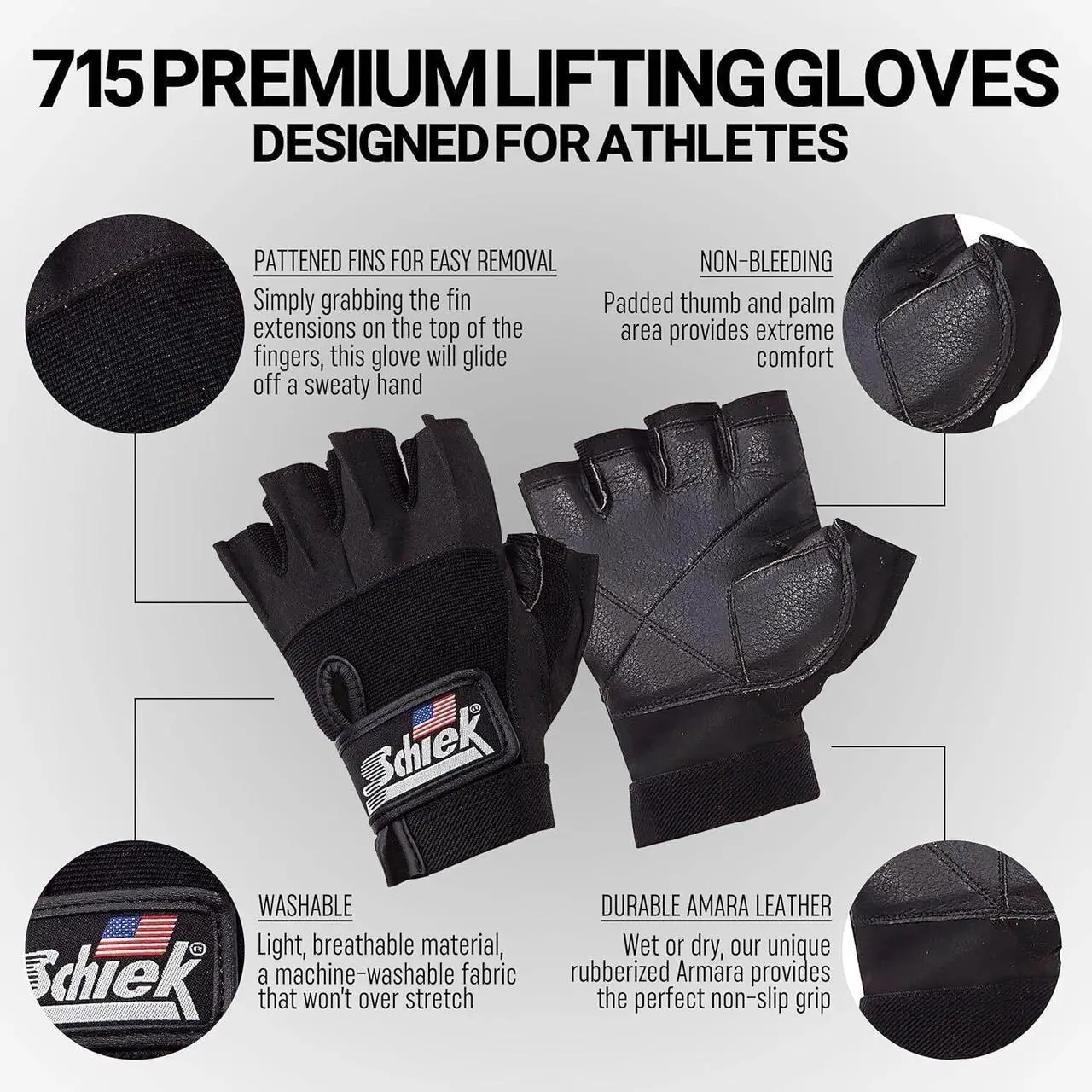 Alt view image 3 of 7 - Schiek Sports 715 Premium Lifting Gloves, Exercise Equipment, Black, Size XLarge
