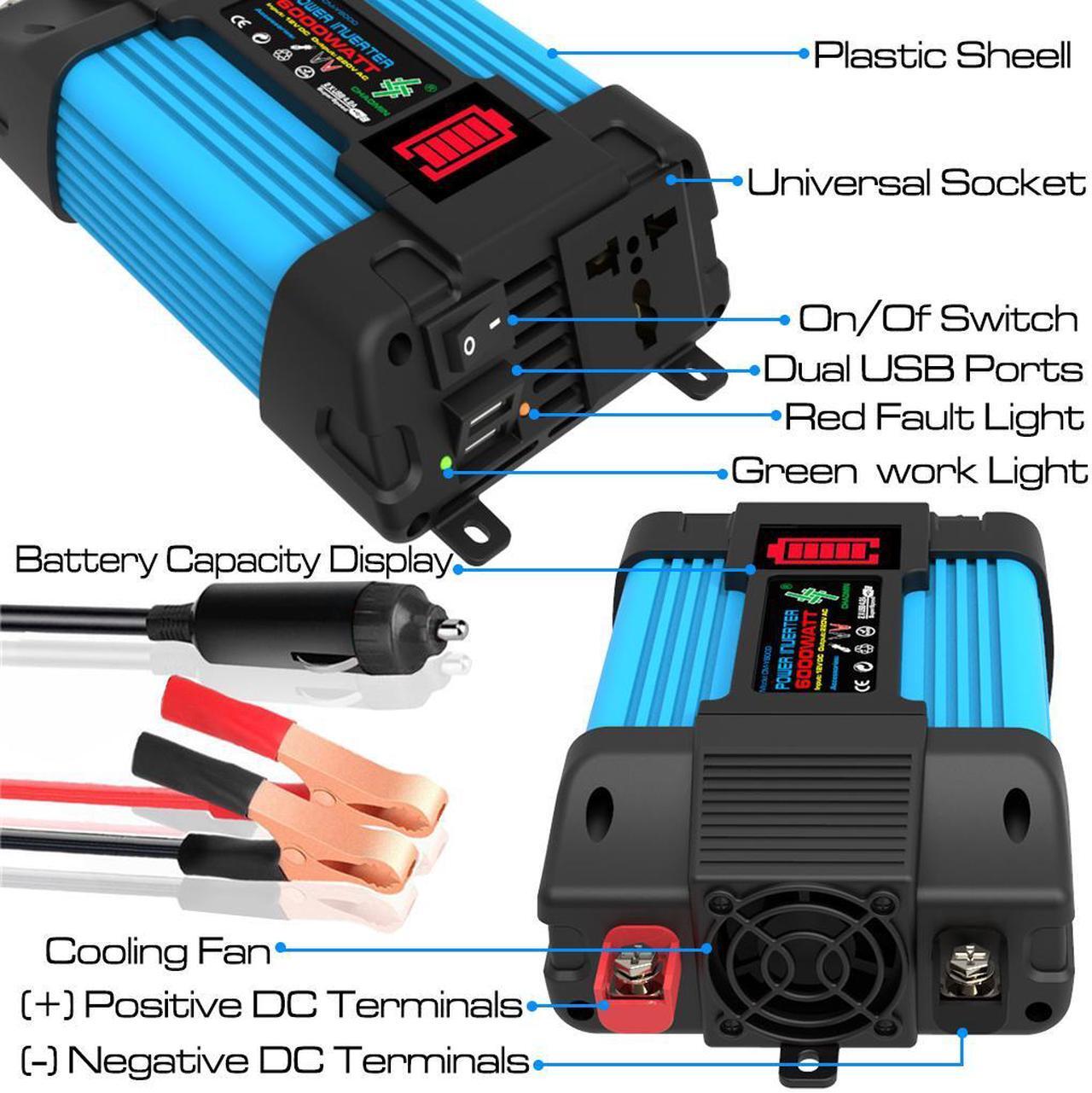 Alt view image 2 of 7 - 6000W Peak Power Power Inverter DC 12V to 110V AC Car Inverter Dual USB Fast Charging LED Display
