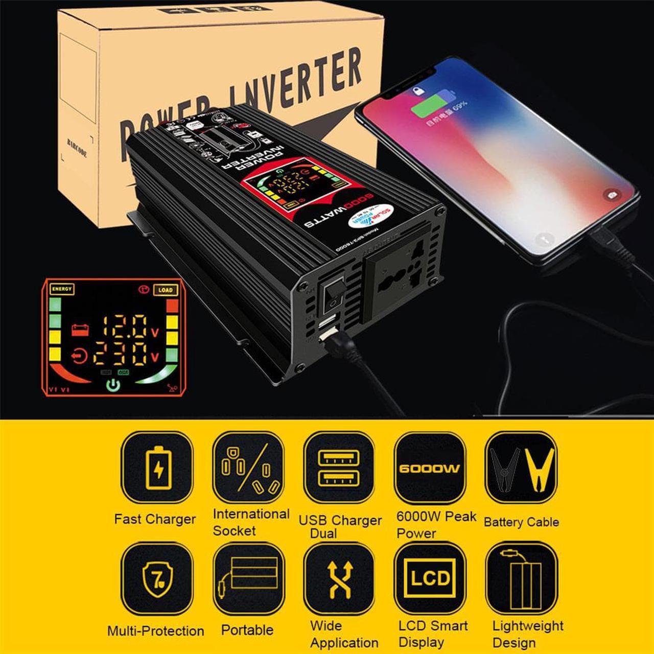 Alt view image 4 of 7 - 6000W Peak power (500W rated power)  Car Power Inverter with 2 USB ports and AC outlet LCD display