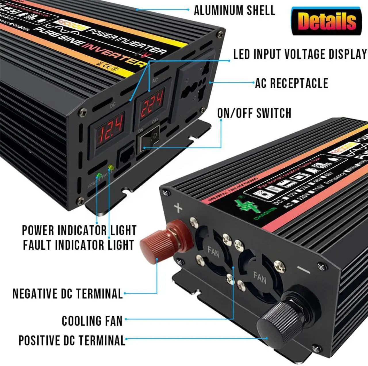 Alt view image 2 of 7 - 12000 watts power inverter pure sine wave dc 12v to 110v ac car inverter