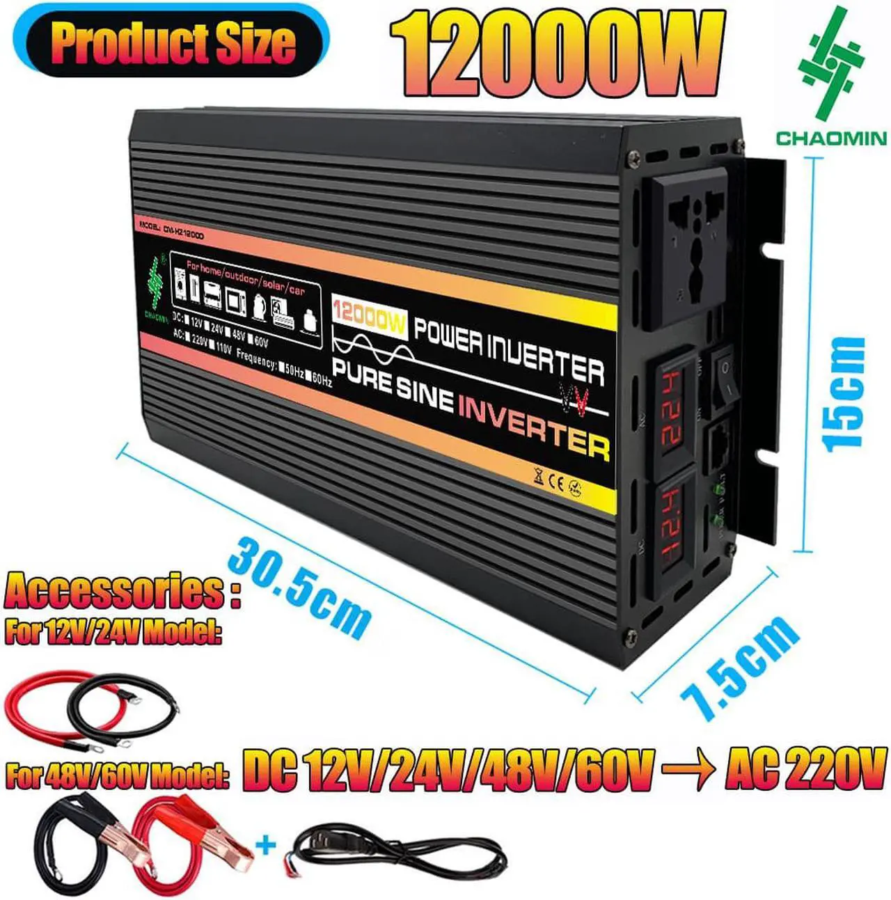 Alt view image 5 of 7 - 12000 watts power inverter pure sine wave dc 12v to 110v ac car inverter