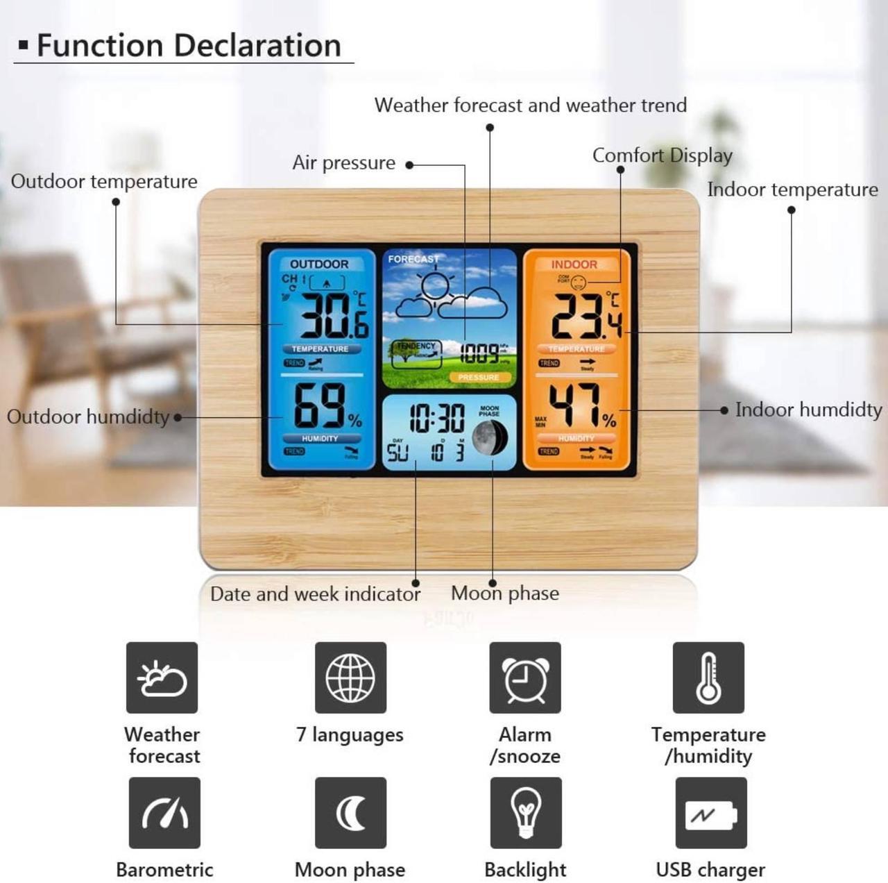 Alt view image 2 of 7 - Digital LCD Indoor Outdoor Weather Station Alarm Clock - Calendar Thermometer Weather Forecast Station (Yellow)