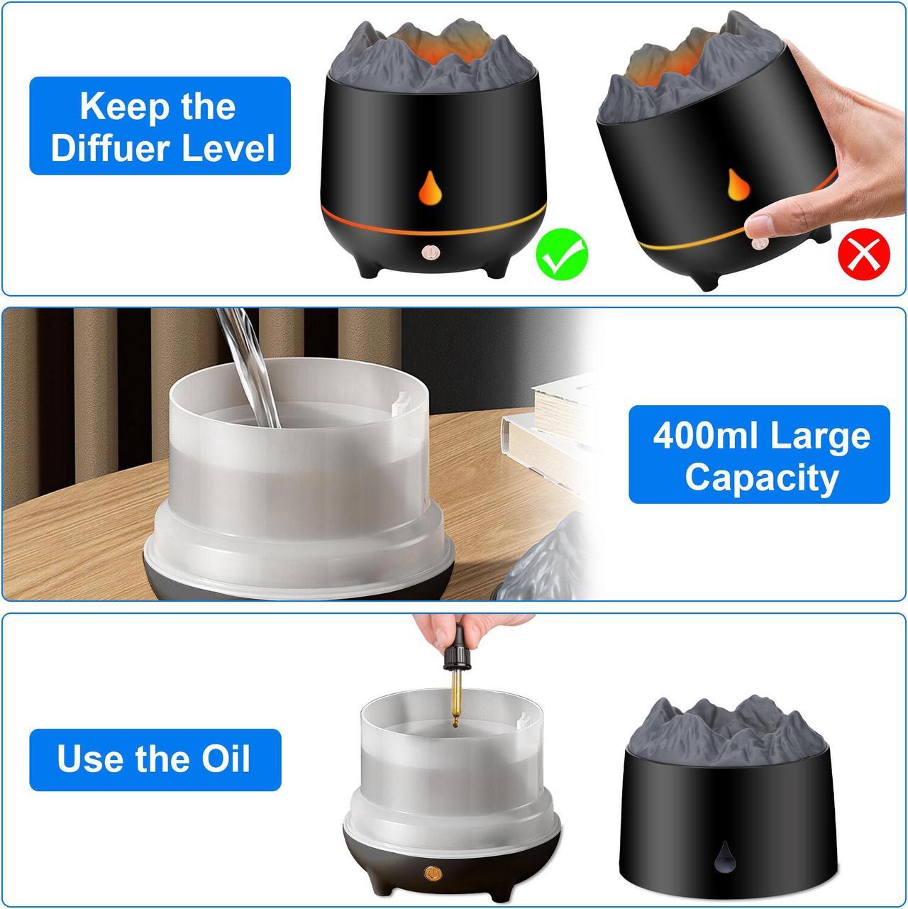 Alt view image 2 of 7 - 3D Flame LED Light Air Humidifier - 400ml Air Humidifier Essential Oil Diffuser with Flame Effect for Home, Office, Spa, Gym (BlacK)