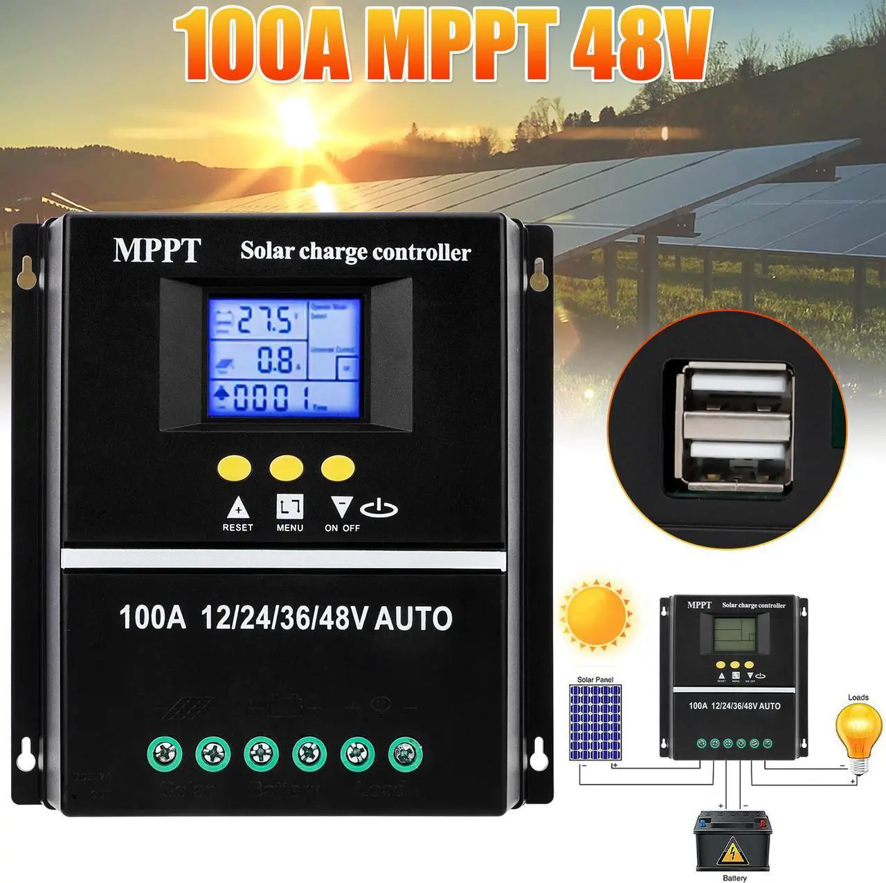 Main image of 100A MPPT Solar Panel Kit - PV Regulator Charge Controller Auto Focus 12/24/36/48V Solar Controller
