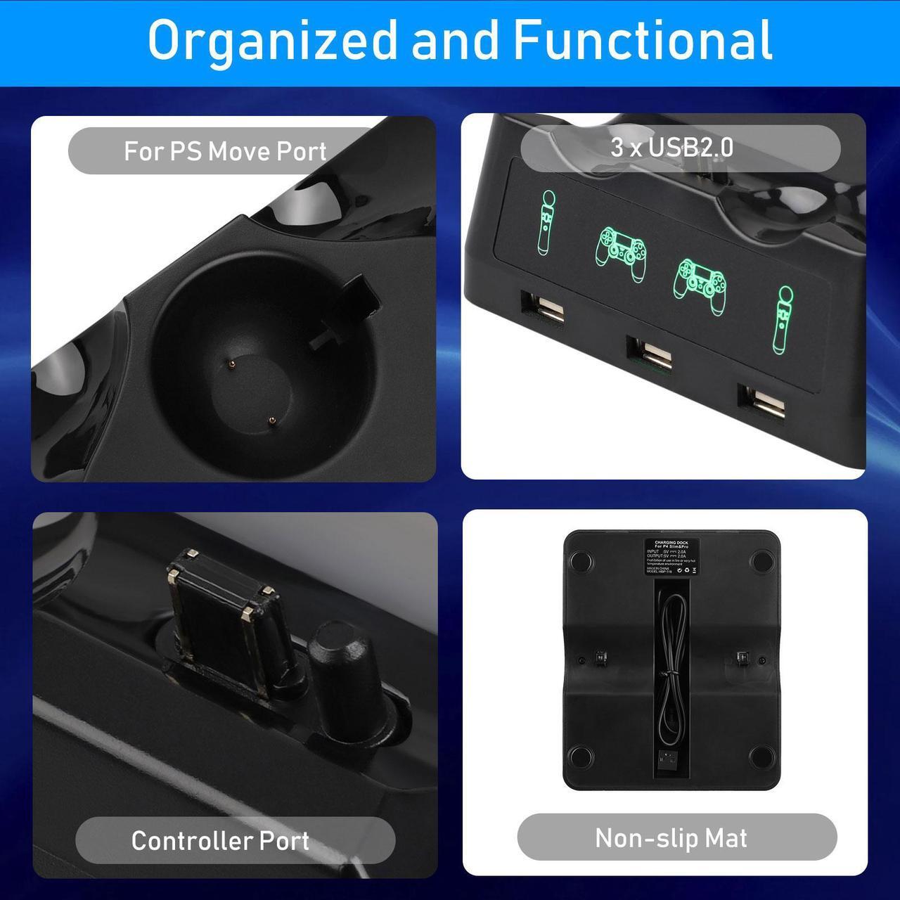 Alt view image 3 of 7 - 4-in-1 Controller Charging Dock Station - Fit for PlayStation PS4/MOVE/PS4 VR Move,Fast Charging Station, Charger Stand for PS4 Move Controller and VR Move (Black)