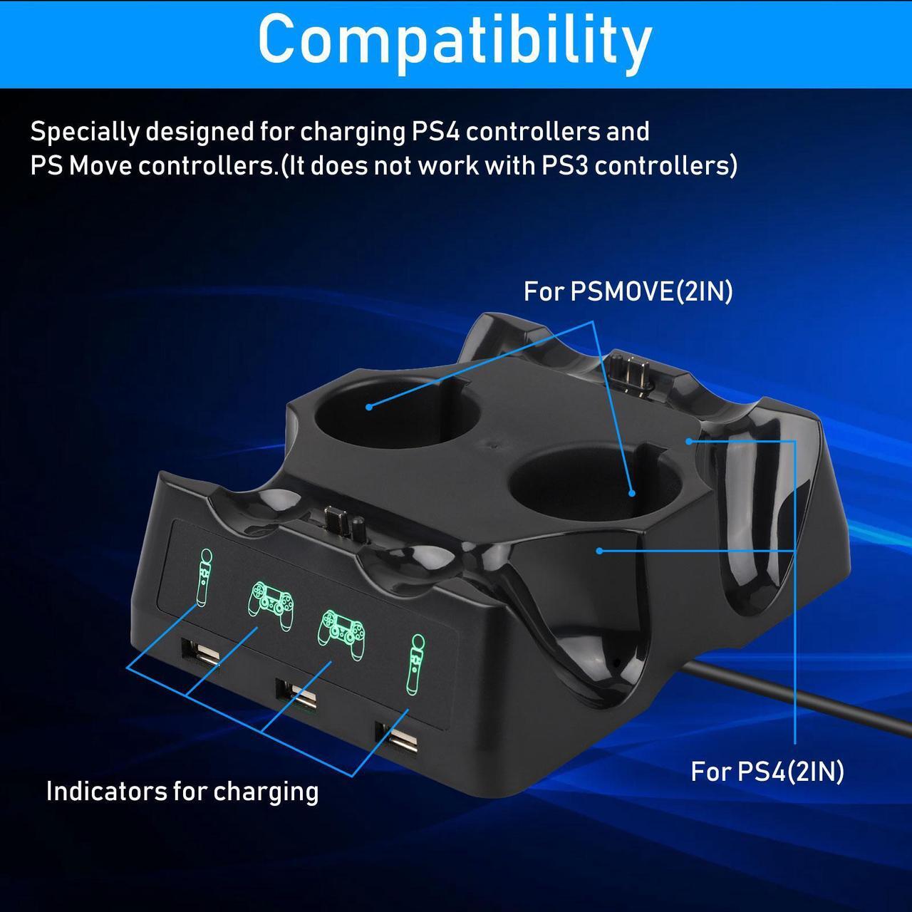 Alt view image 5 of 7 - 4-in-1 Controller Charging Dock Station - Fit for PlayStation PS4/MOVE/PS4 VR Move,Fast Charging Station, Charger Stand for PS4 Move Controller and VR Move (Black)
