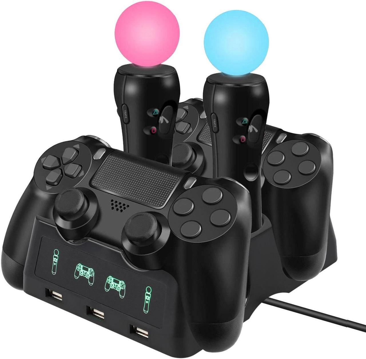 Main image of 4-in-1 Controller Charging Dock Station - Fit for PlayStation PS4/MOVE/PS4 VR Move,Fast Charging Station, Charger Stand for PS4 Move Controller and VR Move (Black)