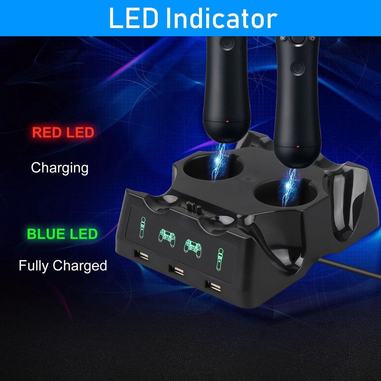 Alt view image 2 of 7 - 4-in-1 Controller Charging Dock Station - Fit for PlayStation PS4/MOVE/PS4 VR Move,Fast Charging Station, Charger Stand for PS4 Move Controller and VR Move (Black)
