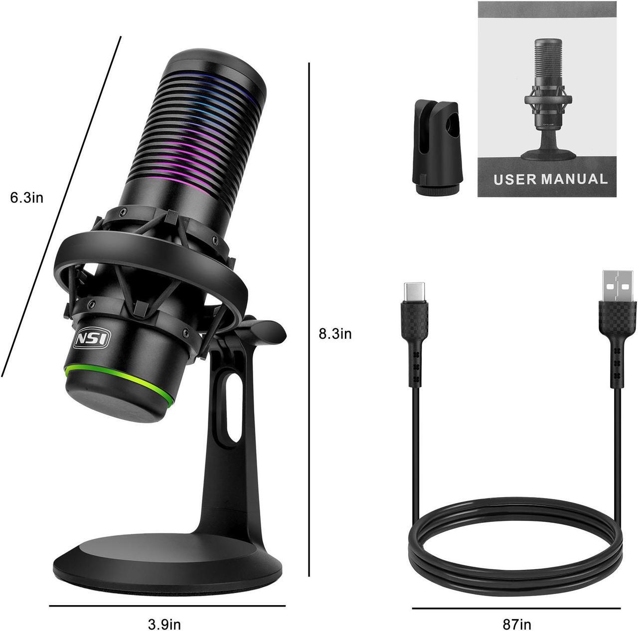 Alt view image 7 of 7 - NSI USB Condenser Gaming Microphone - Streaming Mic with RGB Light  Anti-Vibration Shock Mount,for PC, PS4, Mac, Gaming, Streaming, Podcasts, Twitch, YouTube (Black)