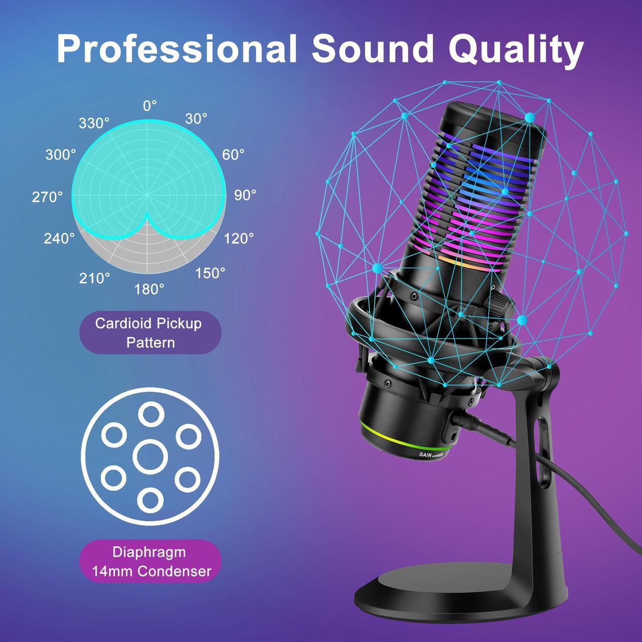 Alt view image 2 of 7 - NSI USB Condenser Gaming Microphone - Streaming Mic with RGB Light  Anti-Vibration Shock Mount,for PC, PS4, Mac, Gaming, Streaming, Podcasts, Twitch, YouTube (Black)