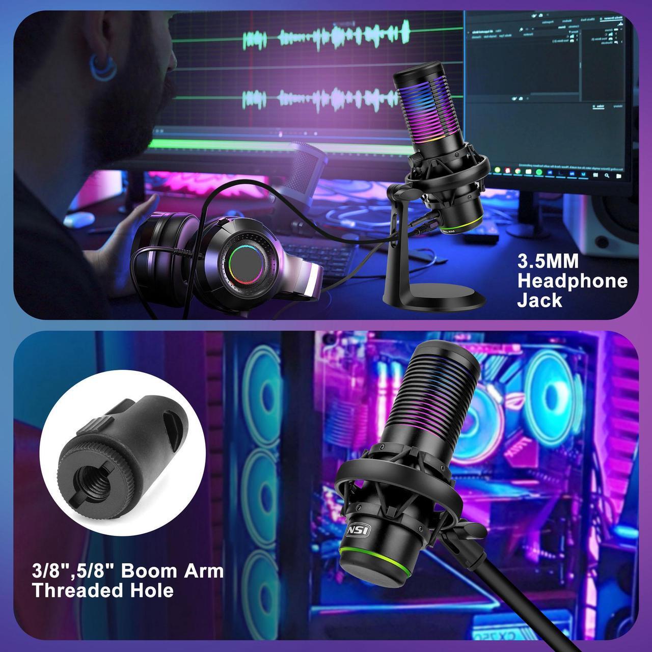 Alt view image 3 of 7 - NSI USB Condenser Gaming Microphone - Streaming Mic with RGB Light  Anti-Vibration Shock Mount,for PC, PS4, Mac, Gaming, Streaming, Podcasts, Twitch, YouTube (Black)