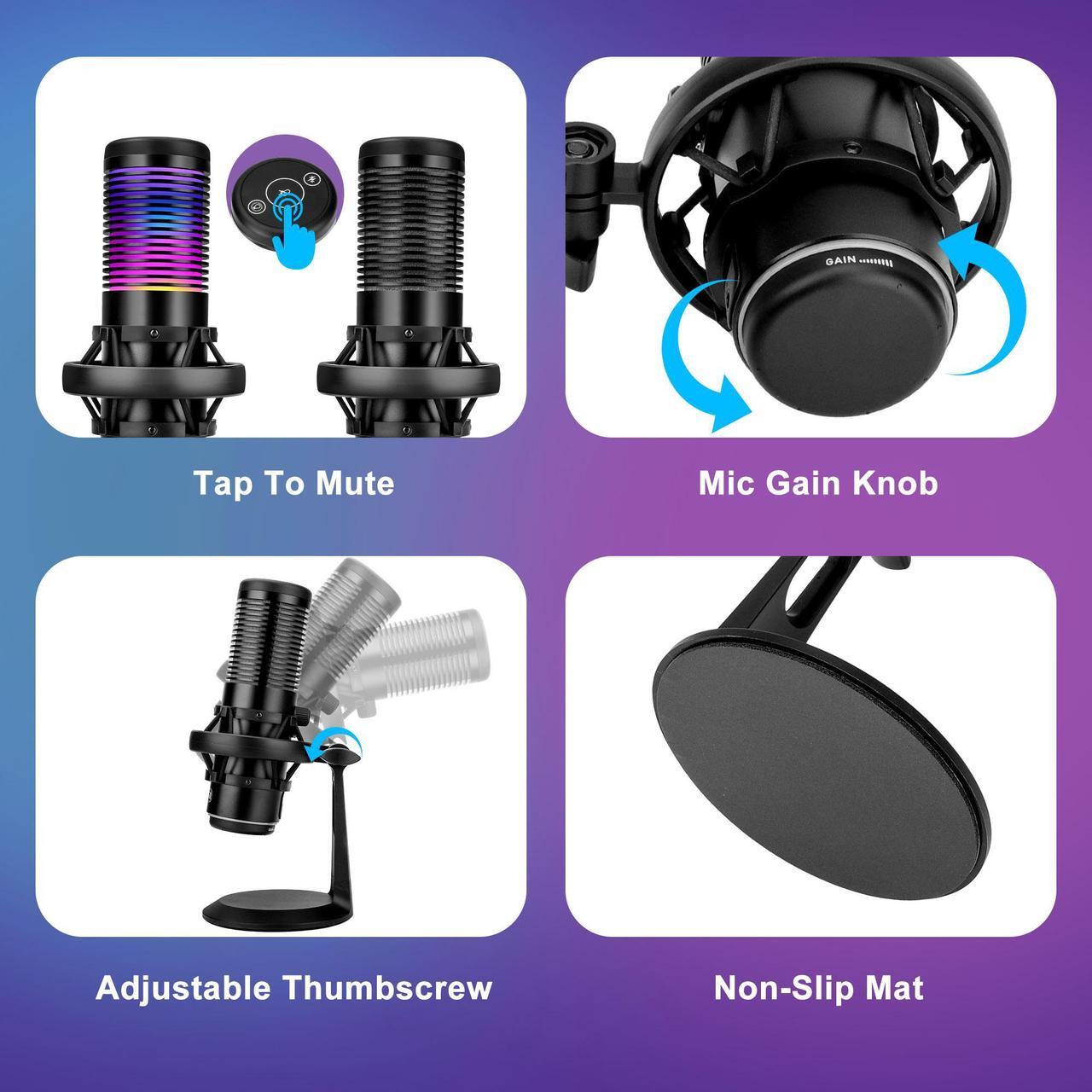 Alt view image 4 of 7 - NSI USB Condenser Gaming Microphone - Streaming Mic with RGB Light  Anti-Vibration Shock Mount,for PC, PS4, Mac, Gaming, Streaming, Podcasts, Twitch, YouTube (Black)