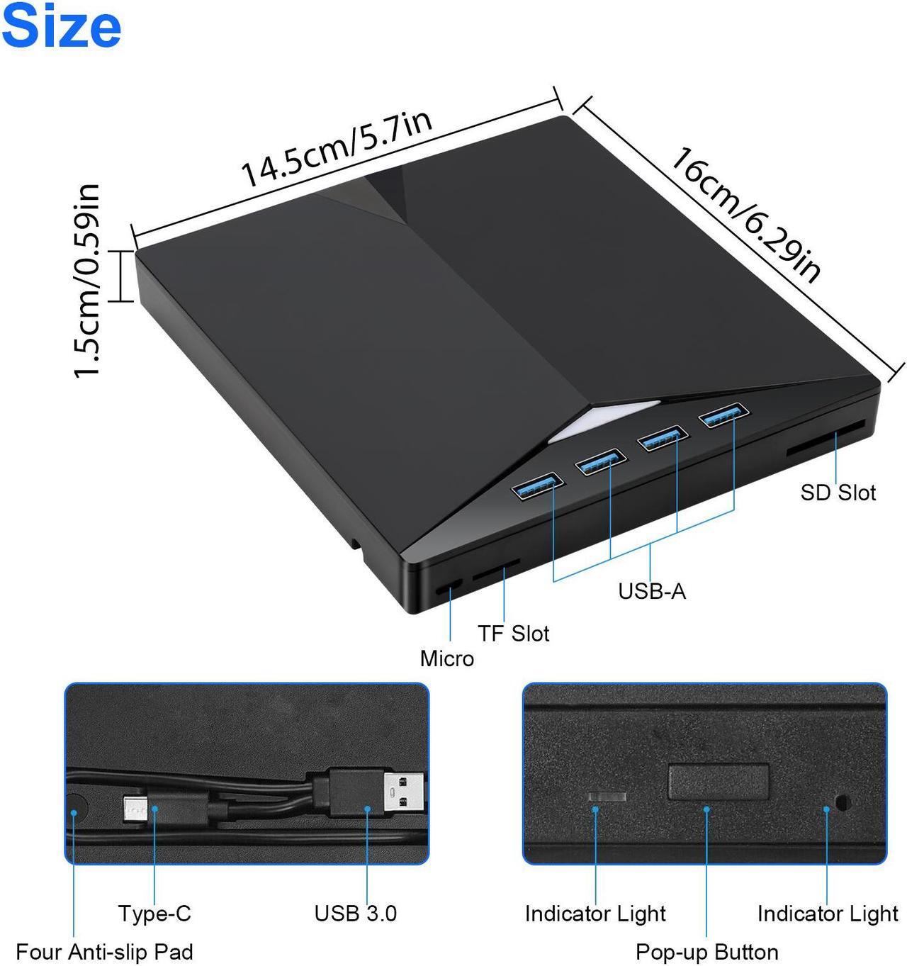 Alt view image 6 of 7 - 7 in 1 USB 3.0 Multi-function External CD/DVD Drive - Type-C CD/DVD +/-RW Player Reader Writer Burner, 4 USB Ports, Support SD/TF Card, Optical CD DVD Drive  (Black)