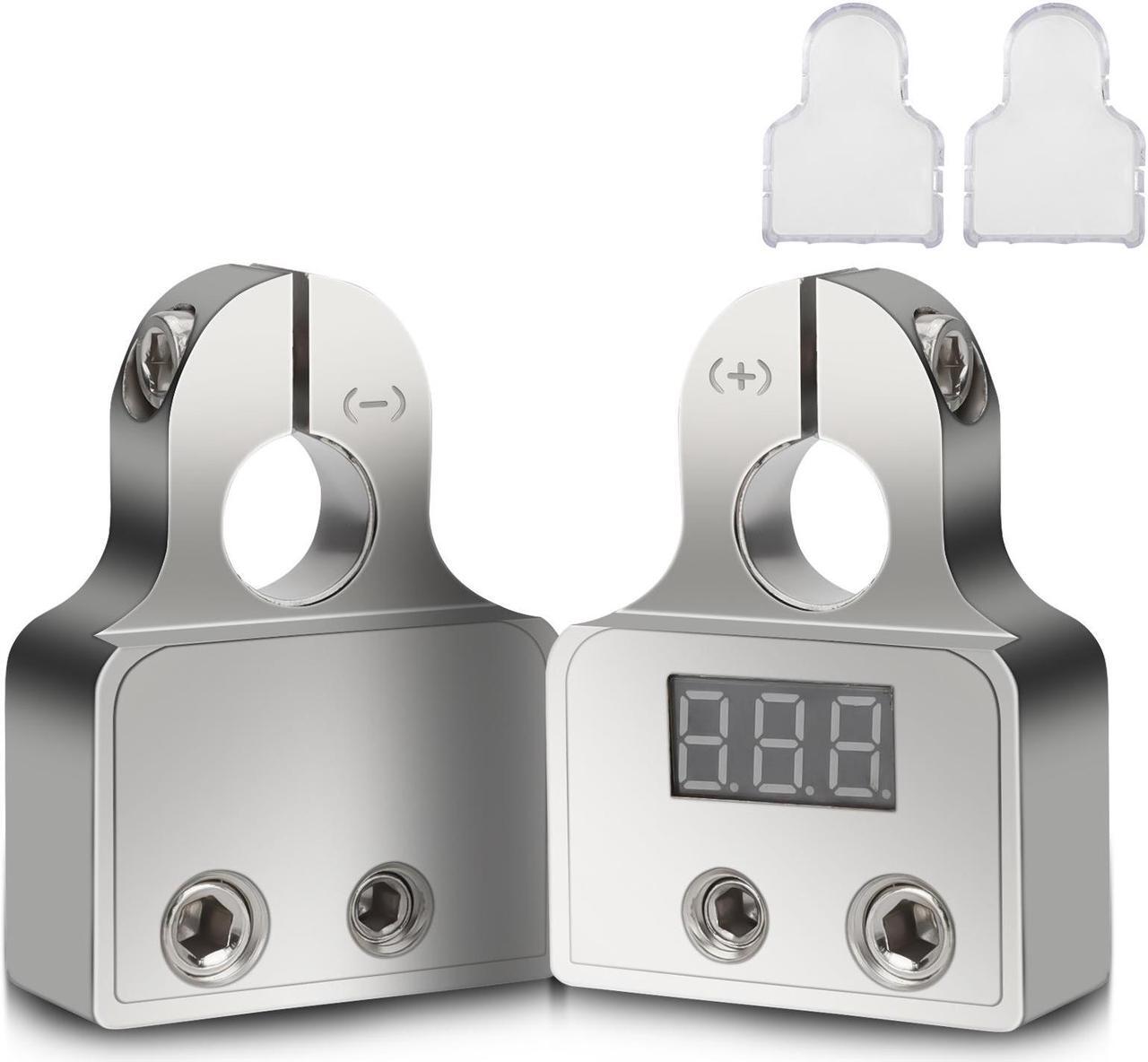 Main image of 2 Pcs Car Battery Terminal Connectors Kit - featuring a built-in LED Display Voltmeter. Ideal for 0/4/8/10 gauge AWG, this kit offers the versatility to connect multiple terminals of different sizes