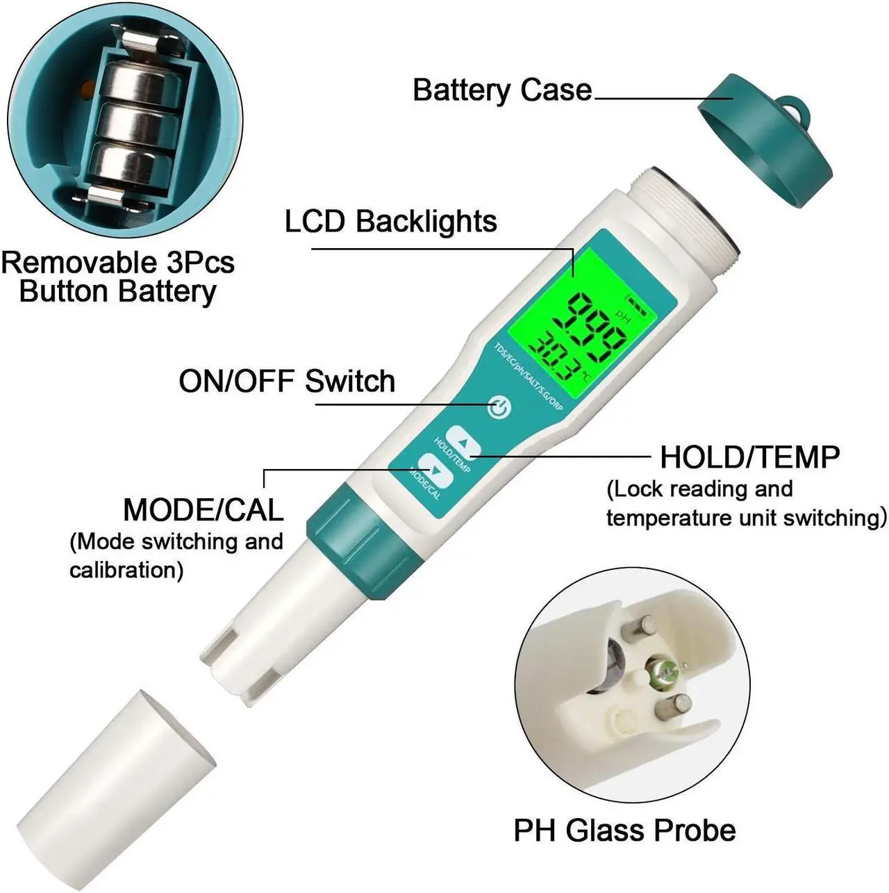 Alt view image 2 of 7 - 8 In 1 Water Quality Tester - Digital LCD PH/TDS/EC/ORP/TEMP/S.G./Salinity/H2 Meter