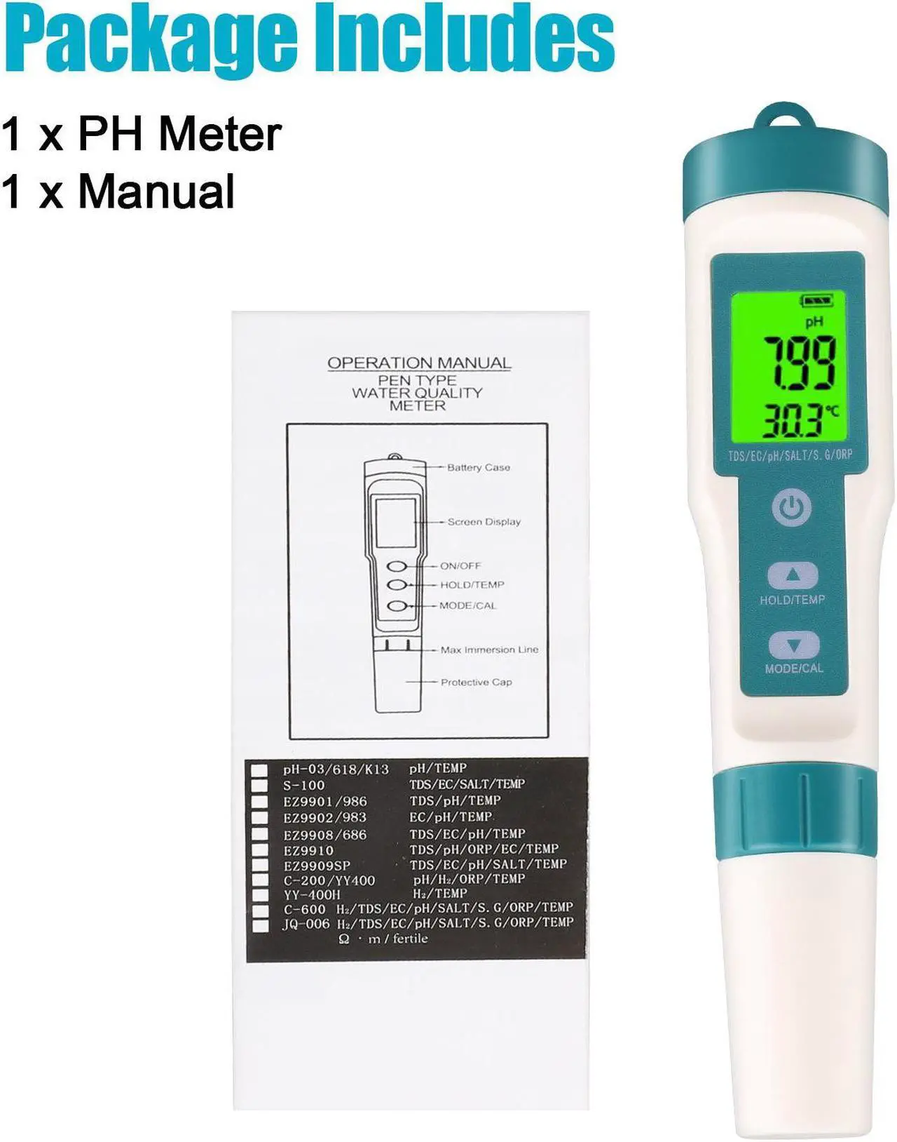 Alt view image 7 of 7 - 8 In 1 Water Quality Tester - Digital LCD PH/TDS/EC/ORP/TEMP/S.G./Salinity/H2 Meter