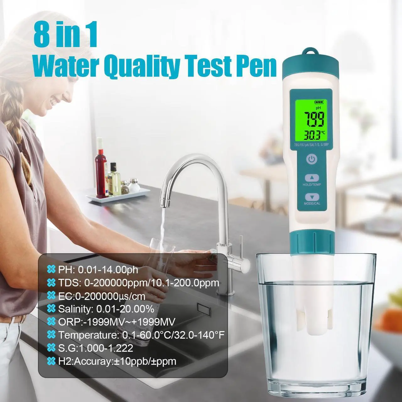 Alt view image 4 of 7 - 8 In 1 Water Quality Tester - Digital LCD PH/TDS/EC/ORP/TEMP/S.G./Salinity/H2 Meter