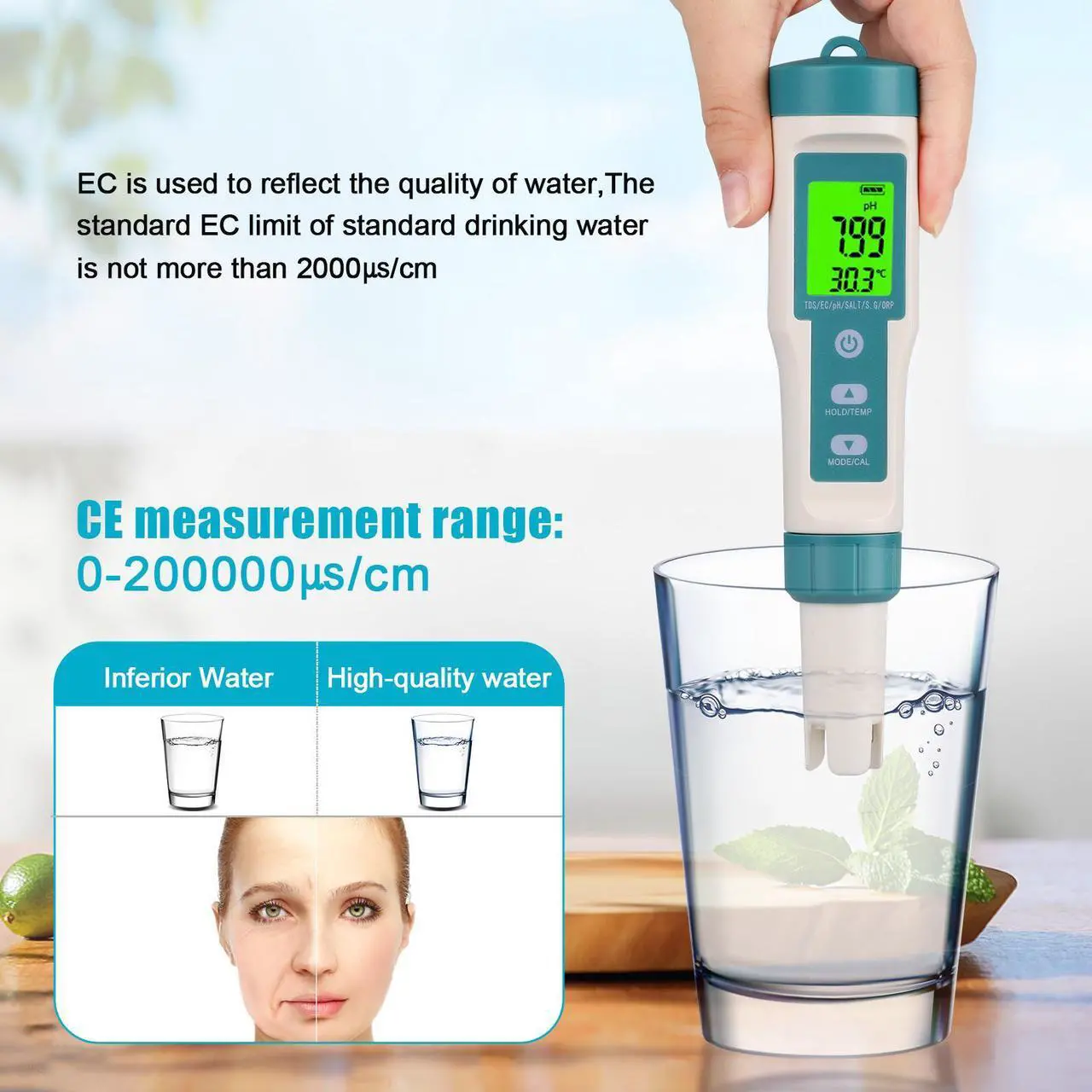 Alt view image 6 of 7 - 8 In 1 Water Quality Tester - Digital LCD PH/TDS/EC/ORP/TEMP/S.G./Salinity/H2 Meter