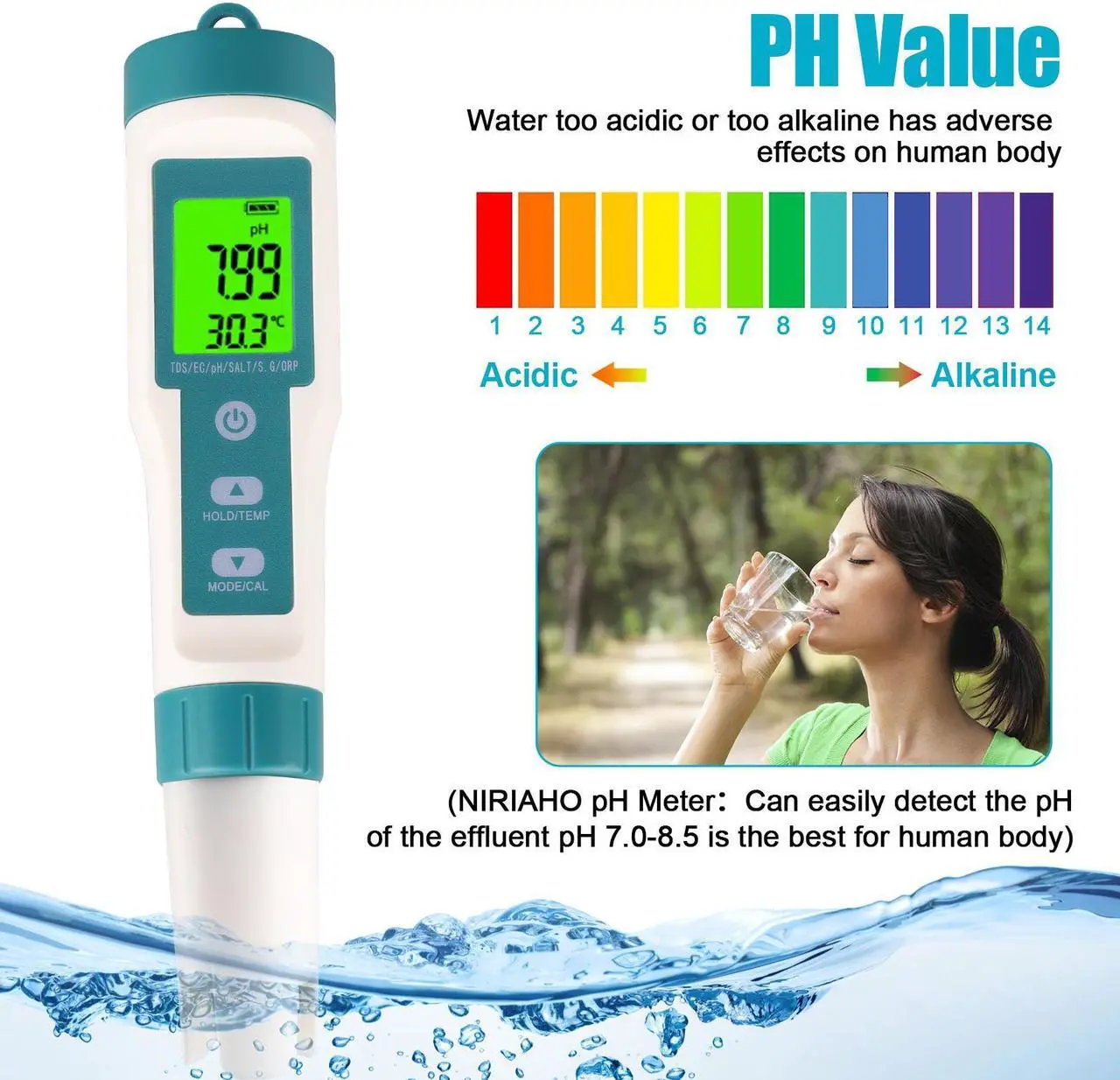 Alt view image 3 of 7 - 8 In 1 Water Quality Tester - Digital LCD PH/TDS/EC/ORP/TEMP/S.G./Salinity/H2 Meter