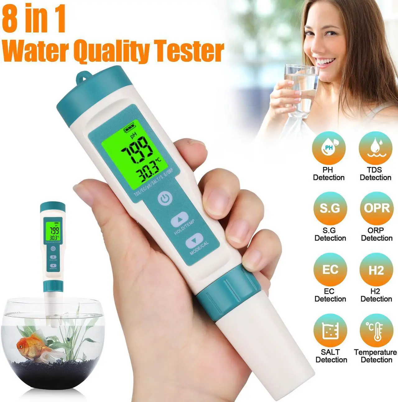 Main image of 8 In 1 Water Quality Tester - Digital LCD PH/TDS/EC/ORP/TEMP/S.G./Salinity/H2 Meter