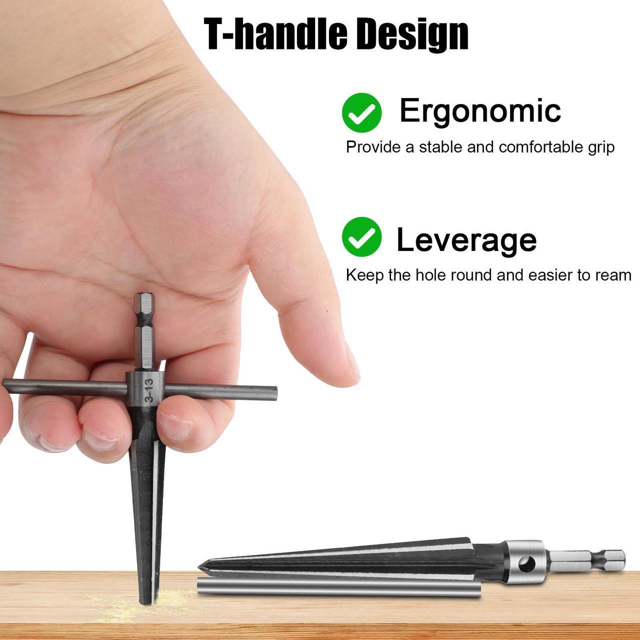 Alt view image 3 of 7 - 2Pcs Tapered Reamer Set - Detachable T-Handle,Compatible with Power Tools,1/8"-1/2" (3-13mm) & 3-16''-5/8'' (5-16mm),Precision Hole Enlargement for Metal, Wood, and Plastic