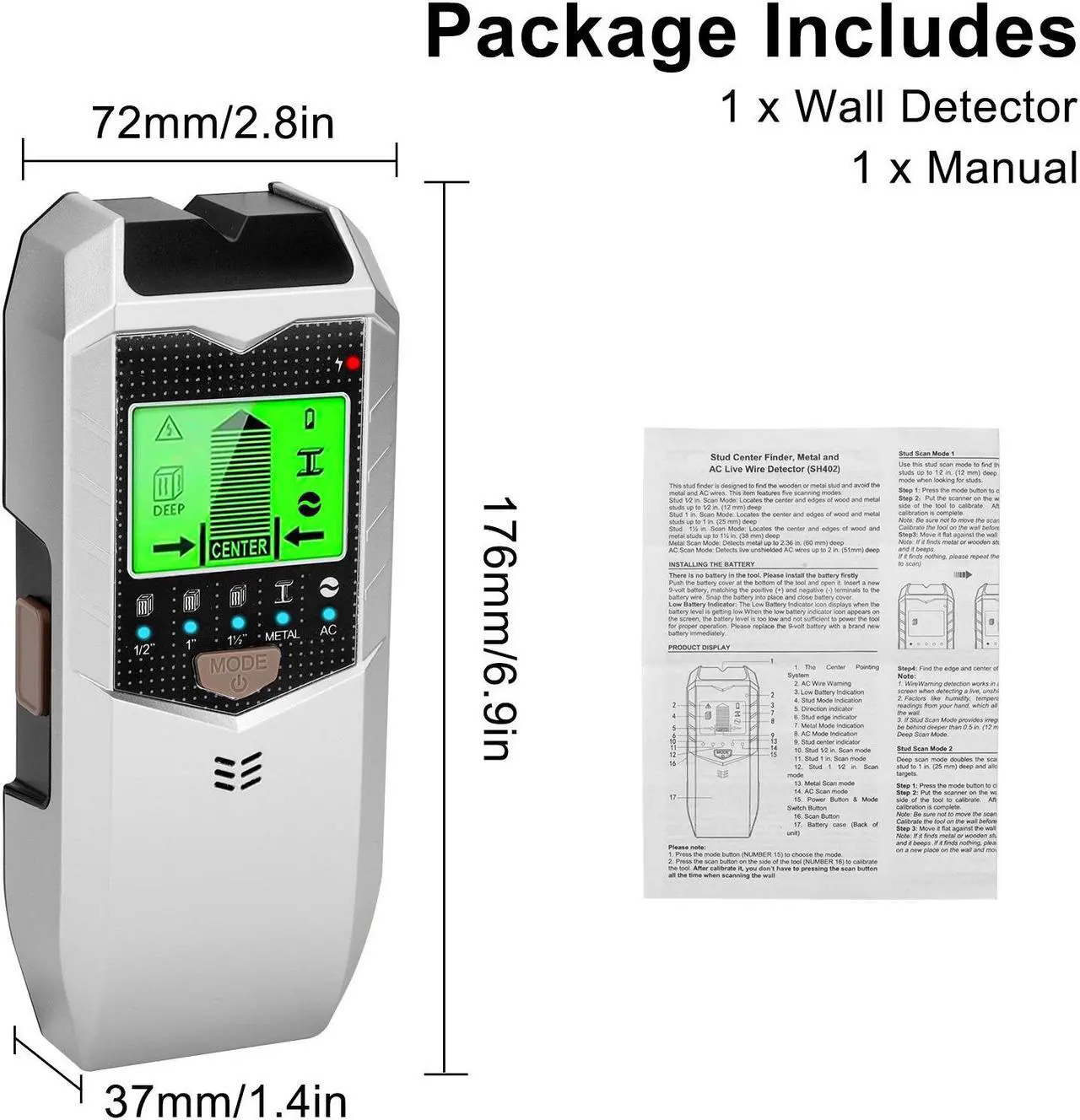 Alt view image 7 of 7 - NSI 5 in 1 Stud Finder Wall Scanner - Stud Finder Wall Sensor Detector with LED Display & Audio Alarm for Wood, Metal, AC Wire Detectior(Silver)