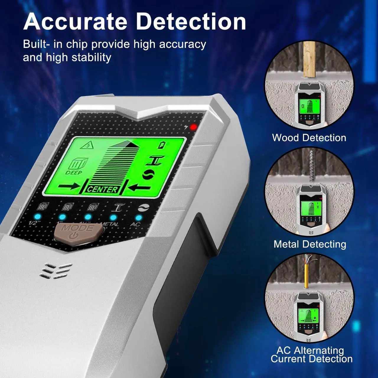Alt view image 5 of 7 - NSI 5 in 1 Stud Finder Wall Scanner - Stud Finder Wall Sensor Detector with LED Display & Audio Alarm for Wood, Metal, AC Wire Detectior(Silver)
