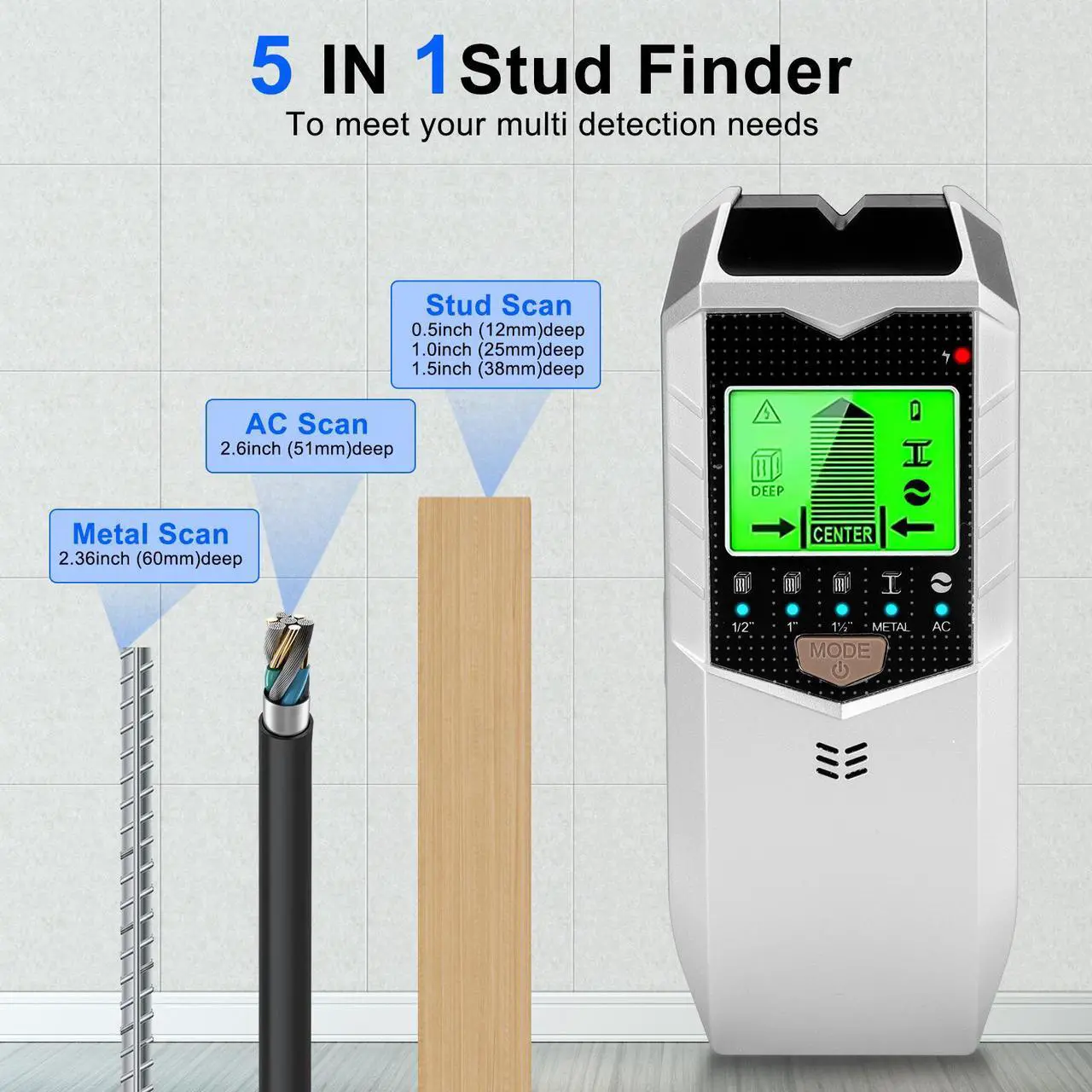 Alt view image 2 of 7 - NSI 5 in 1 Stud Finder Wall Scanner - Stud Finder Wall Sensor Detector with LED Display & Audio Alarm for Wood, Metal, AC Wire Detectior(Silver)