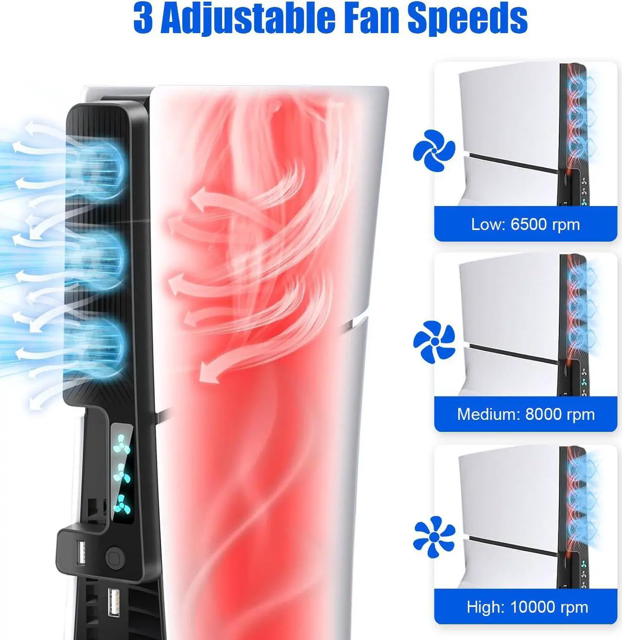 Alt view image 2 of 6 - NSI Quiet Cooling Fan for PS5 Slim with 3 Adjustable Speeds and Extra USB Port - Optimal Heat Dissipation for 2023 PS5 Slim Digital/Disc Edition (Black)
