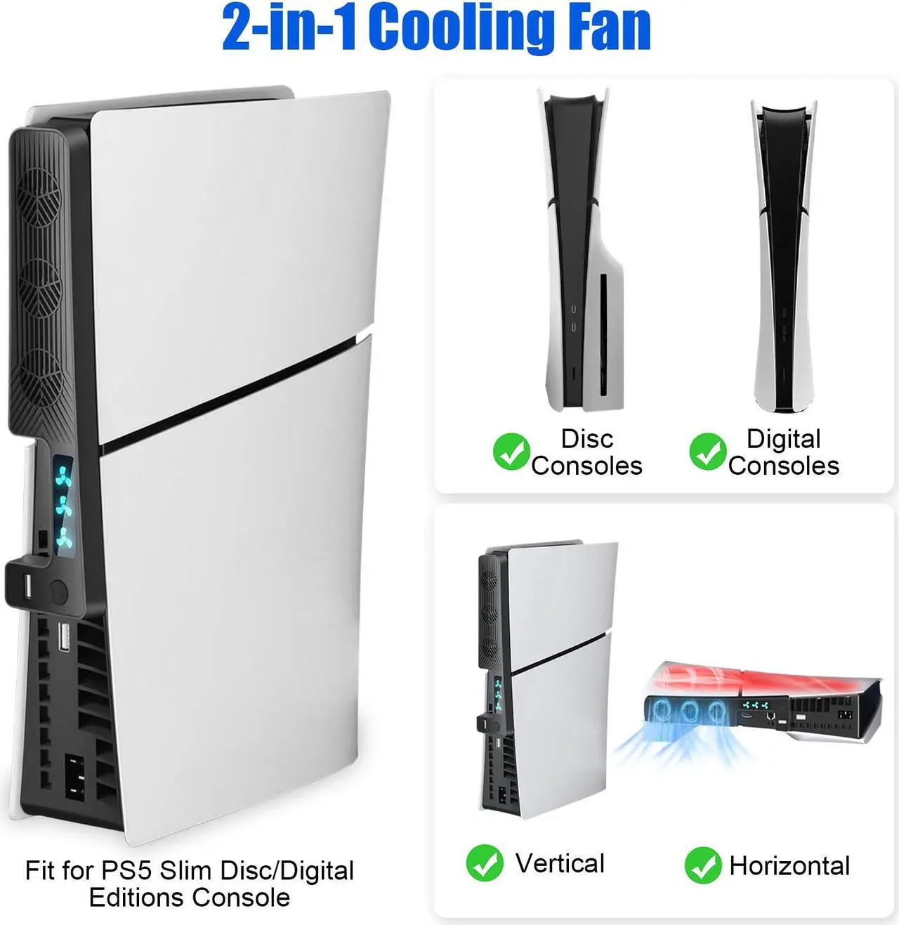 Alt view image 3 of 6 - NSI Quiet Cooling Fan for PS5 Slim with 3 Adjustable Speeds and Extra USB Port - Optimal Heat Dissipation for 2023 PS5 Slim Digital/Disc Edition (Black)