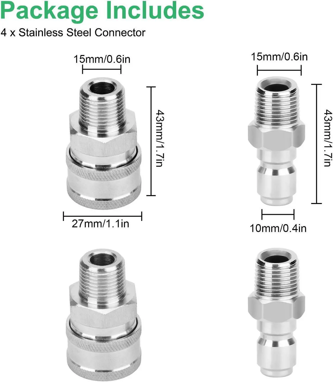 Alt view image 7 of 7 - NSI 4 Pcs 3/8" NPT Stainless Steel Pressure Washer Quick Connect Set - High Pressure 6000 PSI Adapters for Ball switch Pressure Washer Parts