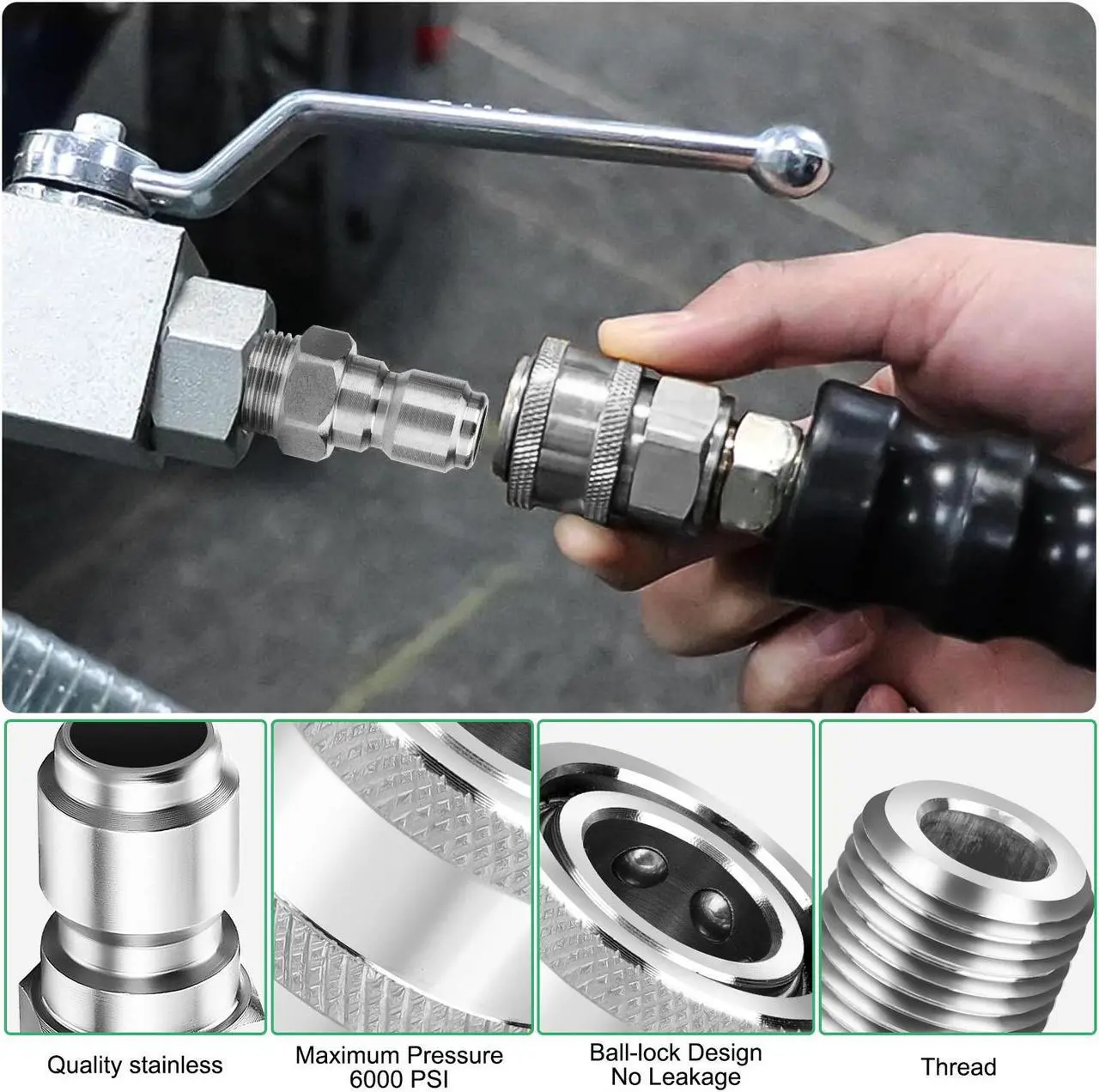 Alt view image 4 of 7 - NSI 4 Pcs 3/8" NPT Stainless Steel Pressure Washer Quick Connect Set - High Pressure 6000 PSI Adapters for Ball switch Pressure Washer Parts