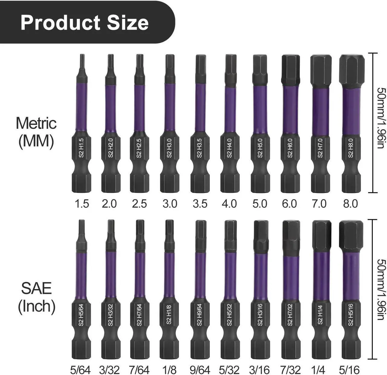 Alt view image 5 of 6 - NSI 20Pcs Impact Hex Head Allen Wrench Drill Bit Set - S2 Steel Hex Bits Set,1/4 Hex Shank with Magnetism,for Household DIY,Woodworking, Automobiles