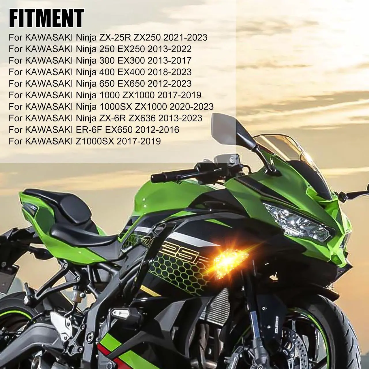 Alt view image 2 of 7 - NSI 2 pcs Front LED Turn Signals Light For KAWASAKI - Super Bright, Stylish, Easy to Install,Perfect Fit for KAWASAKI NINJA 250/300/400/650/1000 ZX-6R Ninja(Amber)
