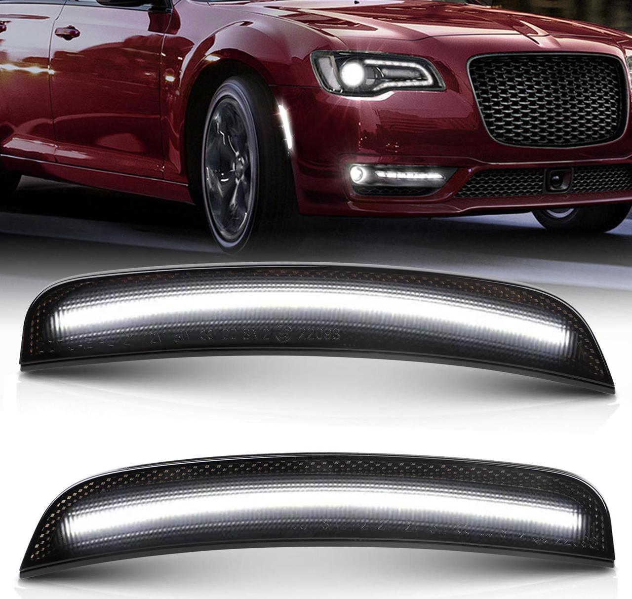Main image of Smoked Lens White Led Side Marker Light - Plug & Play,5X Brighter, for 2015-2023 Chrysler 300,Replace OEM Front and Rear Bumper Fender Lamps,Part numbers 68214402AD, 68214403AD