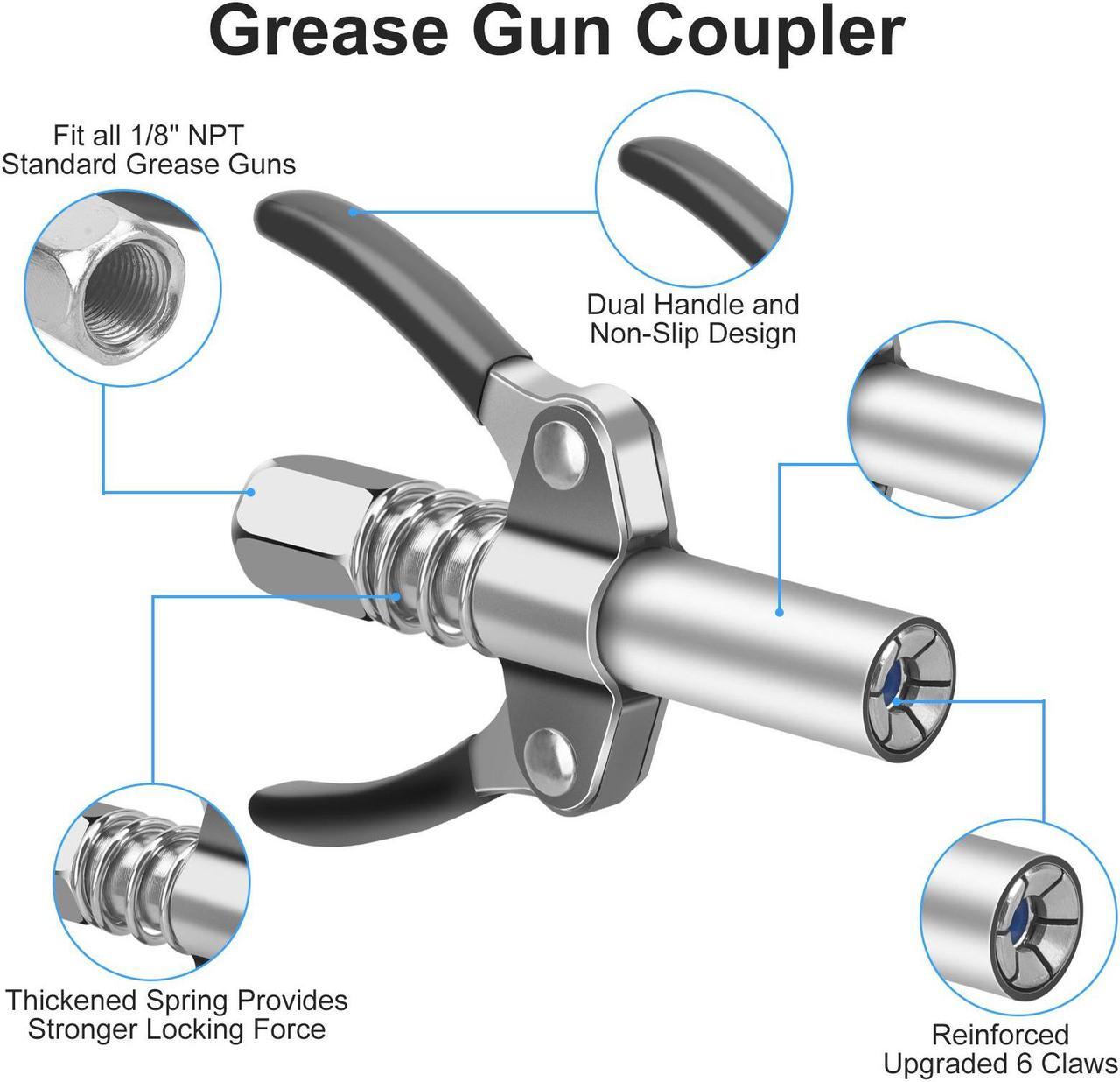 Alt view image 2 of 7 - NSI 4pcs Grease Gun Fitting Kit -  Include 90 Degree Grease Gun Coupler Adapter, Double Handles Grease Gun Coupler, Grease Needle, Needle Tip Dispenser Fit 1/8" NPT Grease Gun