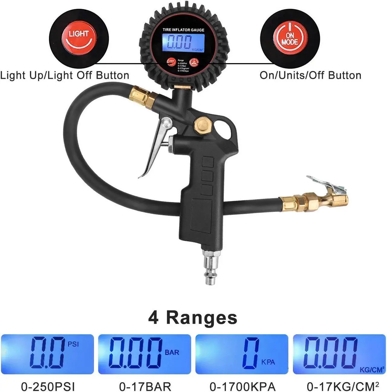 Alt view image 2 of 7 - NSI LED Display Digital Tire Inflator Deflator Pressure Gauge - for Truck/RV/Car/Bike Accurate to ±1 PSI, 0-250 PSI Range