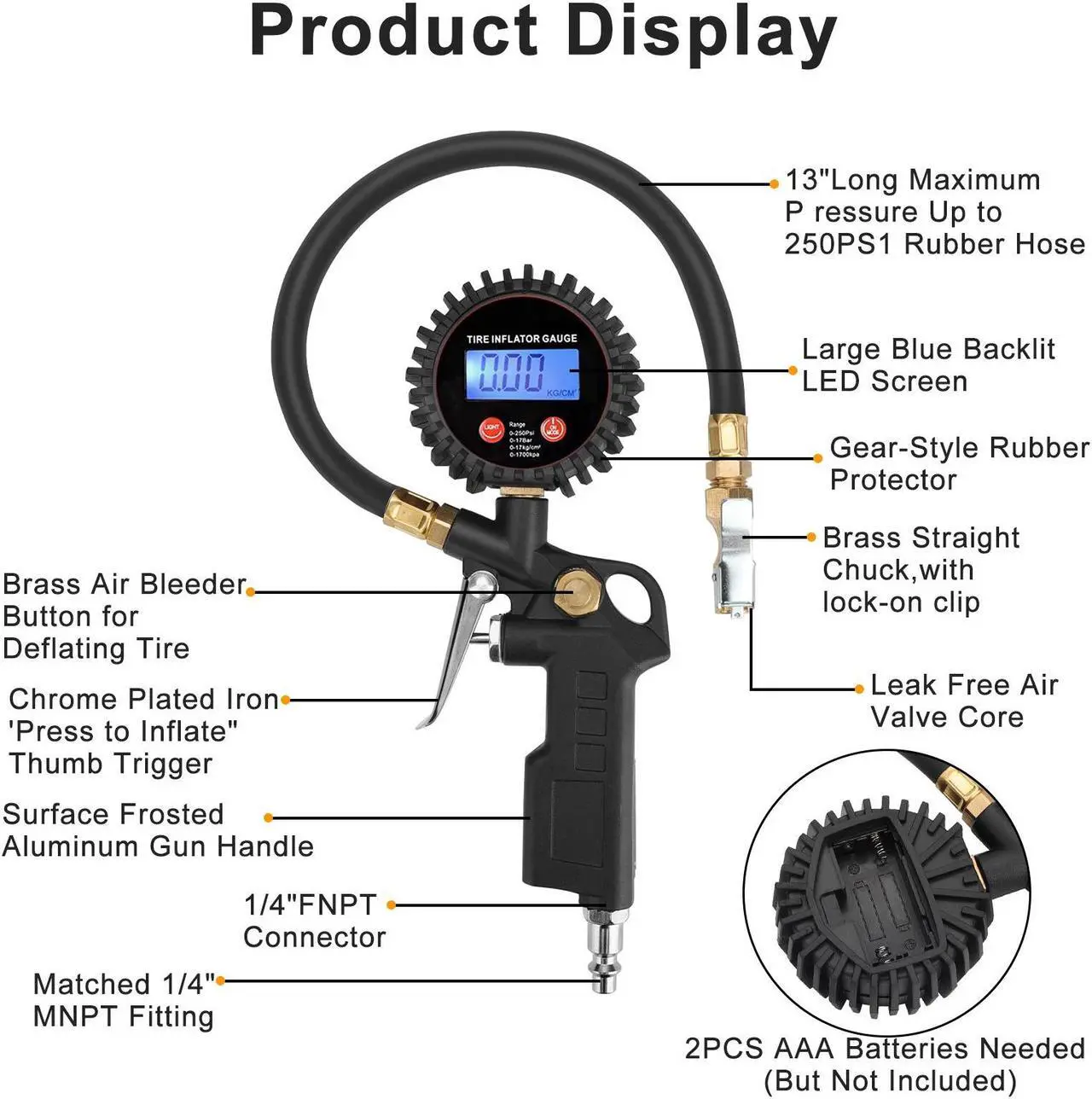 Alt view image 3 of 7 - NSI LED Display Digital Tire Inflator Deflator Pressure Gauge - for Truck/RV/Car/Bike Accurate to ±1 PSI, 0-250 PSI Range