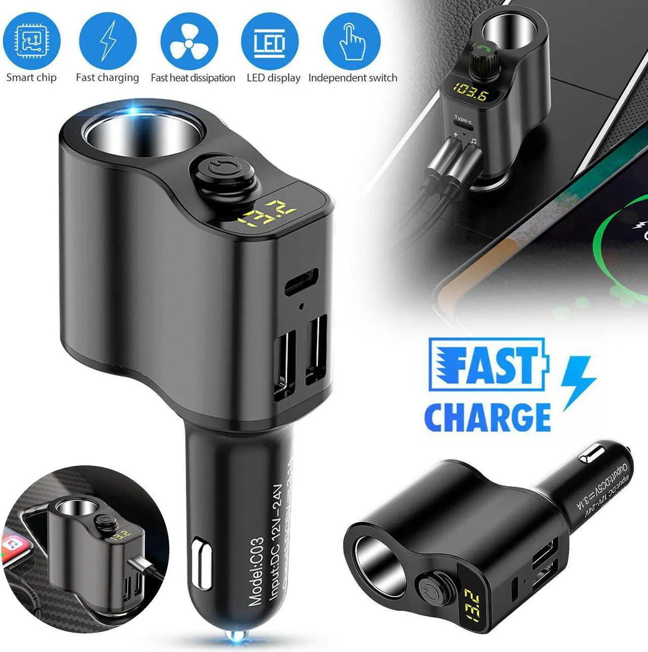 Main image of NSI Cigarette Lighter Socket Splitter Dual USB + PD Charger Power Adapter - Car DC 12V/24V, Multi-Device Charging, Voltage Display, Safety Protection