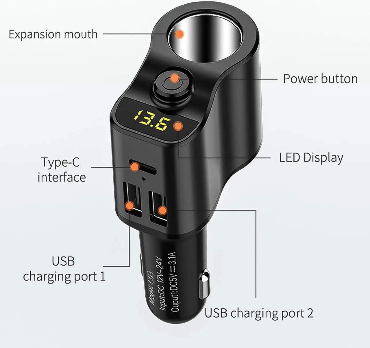 Alt view image 6 of 7 - NSI Cigarette Lighter Socket Splitter Dual USB + PD Charger Power Adapter - Car DC 12V/24V, Multi-Device Charging, Voltage Display, Safety Protection