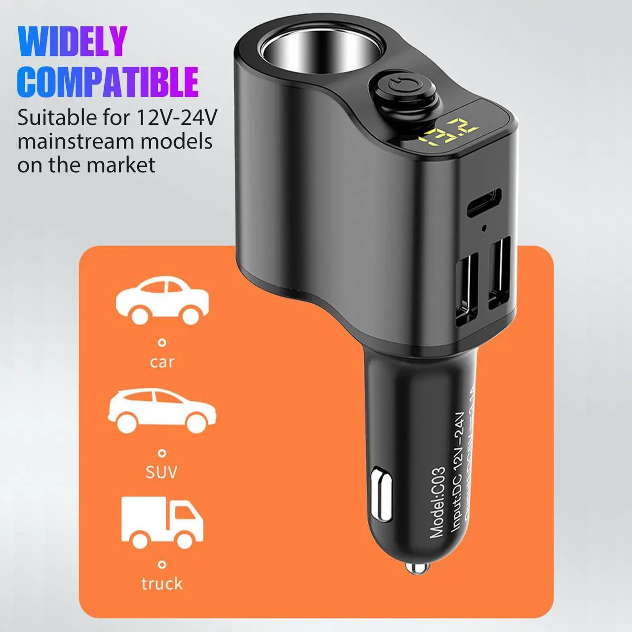 Alt view image 3 of 7 - NSI Cigarette Lighter Socket Splitter Dual USB + PD Charger Power Adapter - Car DC 12V/24V, Multi-Device Charging, Voltage Display, Safety Protection