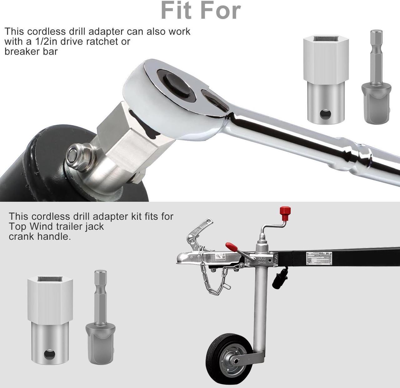 Alt view image 4 of 7 - NSI Stainless Steel Top Wind Trailer Jack Crank Handle Cordless Drill Adapter Kit - with 1/2 Inch Socket Adapter Bit