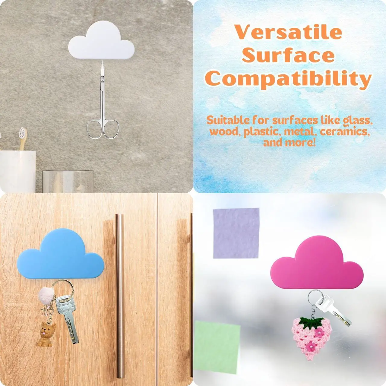 Alt view image 4 of 7 - NSI Cloud Magnetic Key Holder - Strong Magnet, No-Drill Installation, Durable ABS Material, Cute Cloud Design for Keys, Clips, Small Items (Pink)