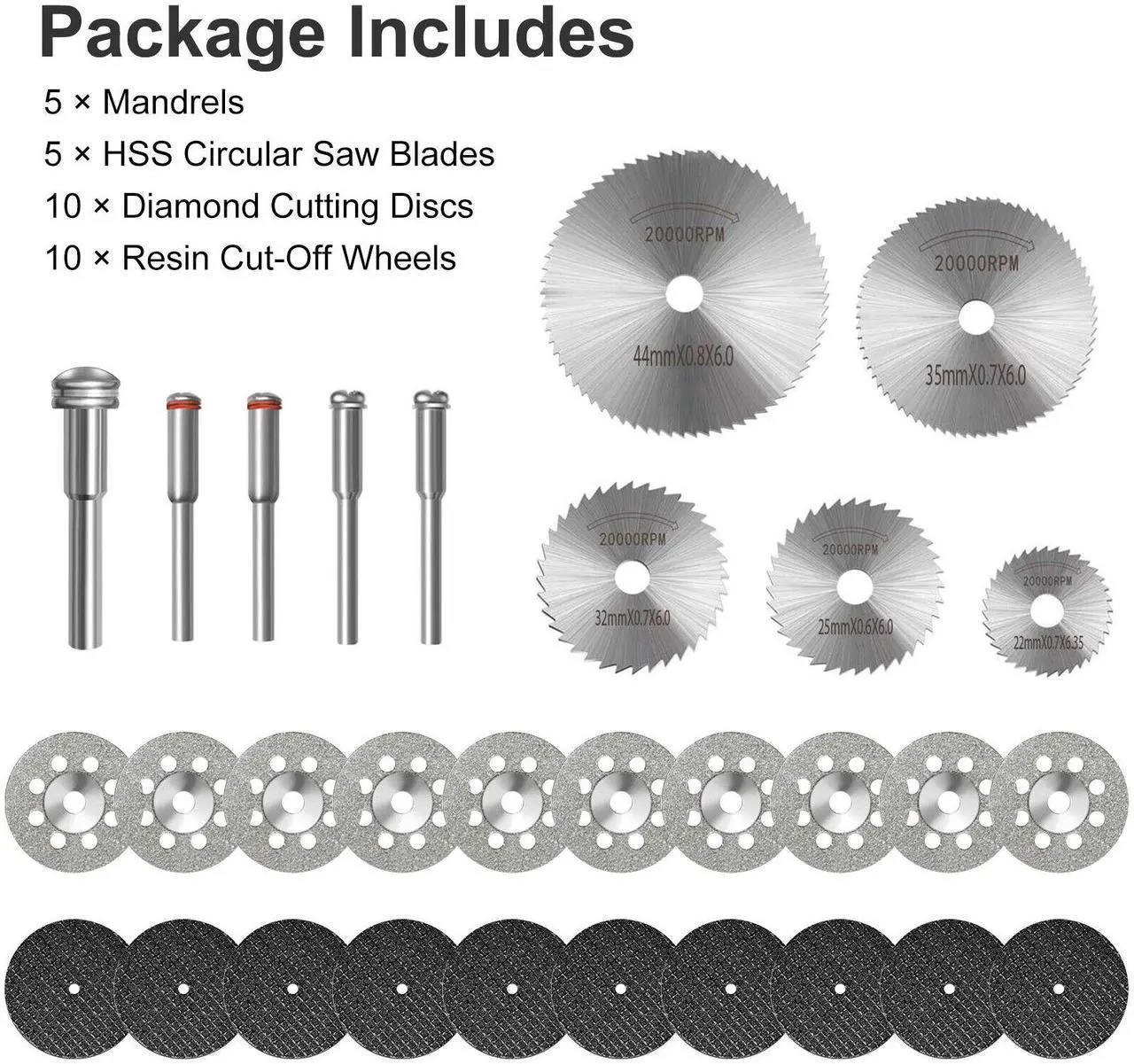 Alt view image 7 of 7 - NSI 30 Pcs Cutting Wheel Set for Rotary Tool - HSS Circular Saw Blades, Diamond, and Resin Cutting Discs for Wood, Plastic, Stone, and More